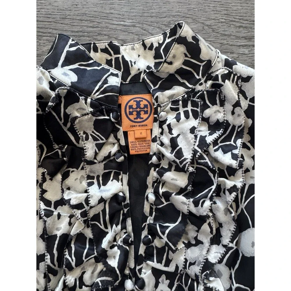 Tory Burch Black White Floral Sleeveless 100% Silk Sheath Dress Women's Sz 2